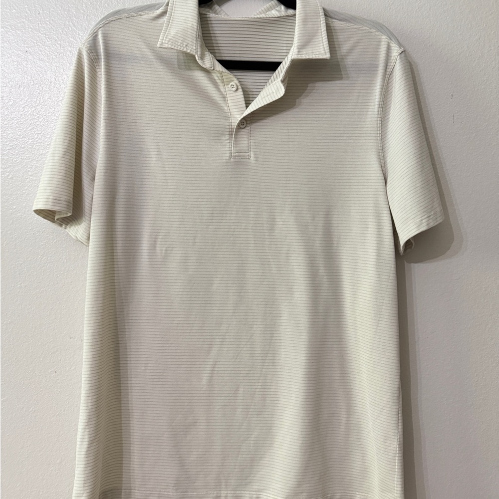 Lululemon Men's Cream and grey stipe Polo Shirt size M